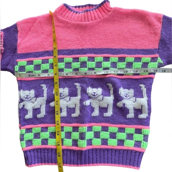Vintage Hot Fudge Kitty Kitten Cat Neon Checkered Knit Sweater Purple Pink GUC - Picture 7 of 9